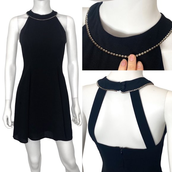 CDC Petites Vintage 90s Rhinestone Halter Neck Skater Flare Mini Dress in Black - Picture 1 of 17